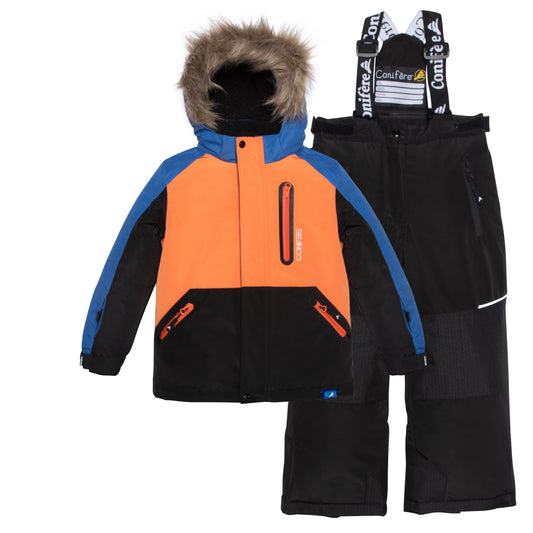 JACKET: Water-resistant outer shell, wind stopper panel, removable hood, chin guard, removable fur trim, LED light, anti-pill polar fleece lining, adjustable cuffs with elastic & velcro, YKK zipper, snowskirt, name label, and pockets. PANTS: Adjustable elastic suspender, elastic waistband