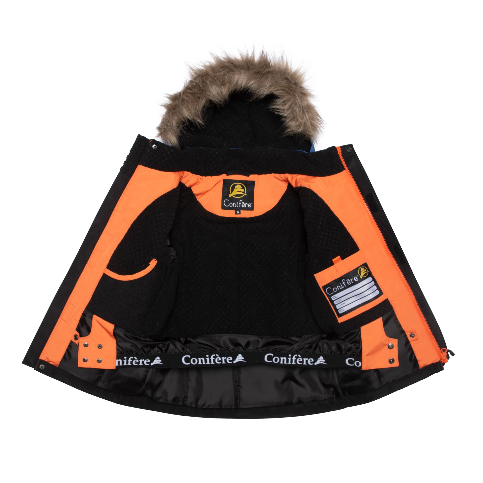 JACKET: Water-resistant outer shell, wind stopper panel, removable hood, chin guard, removable fur trim, LED light, anti-pill polar fleece lining, adjustable cuffs with elastic & velcro, YKK zipper, snowskirt, name label, and pockets. PANTS: Adjustable elastic suspender, elastic waistband