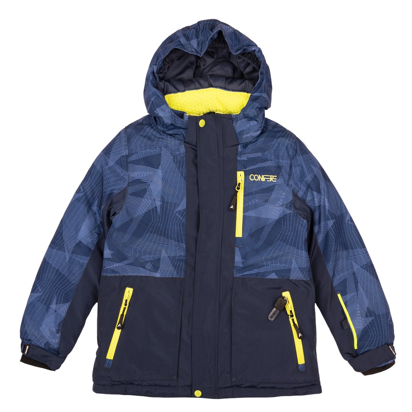 Kids' jacket and pants set with -35°C Cold Factor protection and 5000mm water-resistant outer shell. Features breathable fabric, wind stopper panel, removable hood, LED light gadget on zipper pull, and anti-pill polar fleece lining