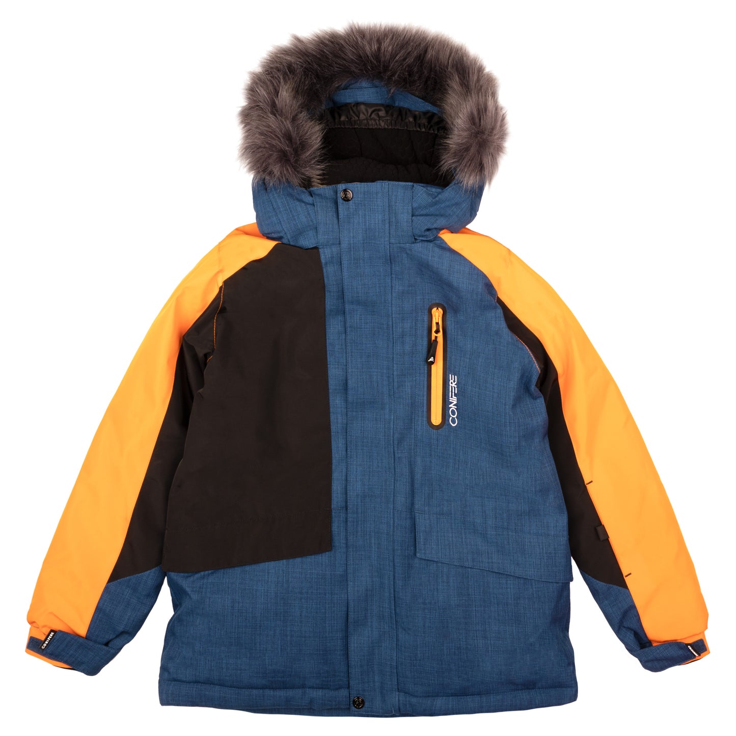 Children's jacket and pants set featuring cold weather protection up to -35°C, water-repellent outer shell with 5000mm resistance and Fleece Lining. Breathable design wicks moisture, includes wind stopper panel, removable hood, and LED light gadget on zipper pull.