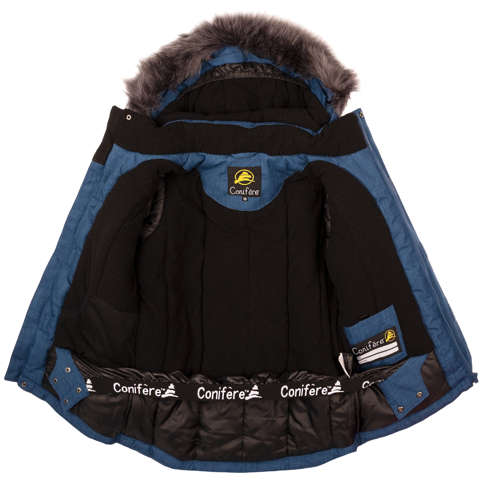 Children's jacket and pants set featuring cold weather protection up to -35°C, water-repellent outer shell with 5000mm resistance and Fleece Lining. Breathable design wicks moisture, includes wind stopper panel, removable hood, and LED light gadget on zipper pull.