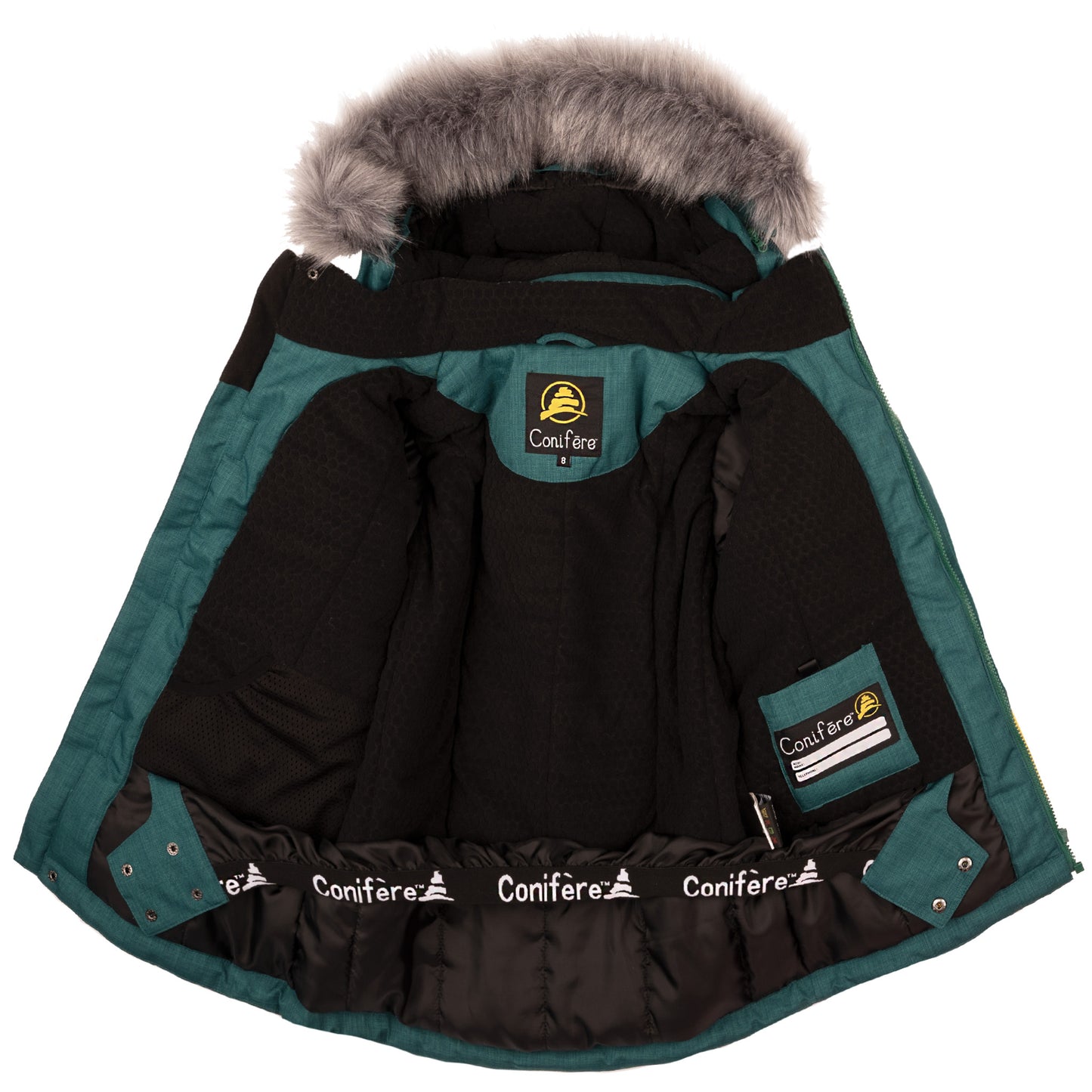 Children's jacket and pants set featuring cold weather protection up to -35°C, water-repellent outer shell with 5000mm resistance and Fleece Lining. Breathable design wicks moisture, includes wind stopper panel, removable hood, and LED light gadget on zip