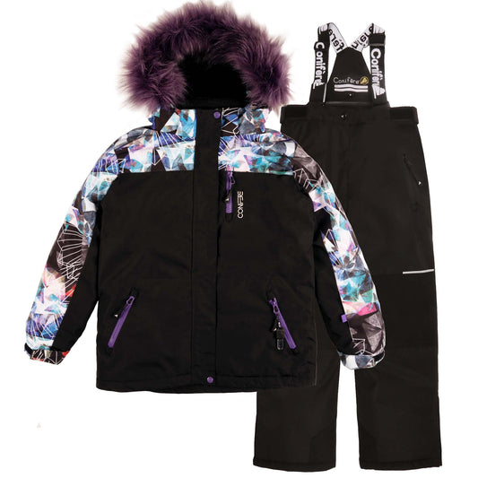 Outdoor jacket and pants set for kids, featuring cold weather protection up to -35 degrees Celsius. Water-repellent, breathable to manage body moisture. Includes wind stopper panel and removable hood.