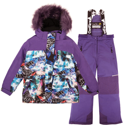 Outdoor jacket and pants set for kids, featuring cold weather protection up to -35 degrees Celsius. Water-repellent, breathable to manage body moisture. Includes wind stopper panel and removable hood.