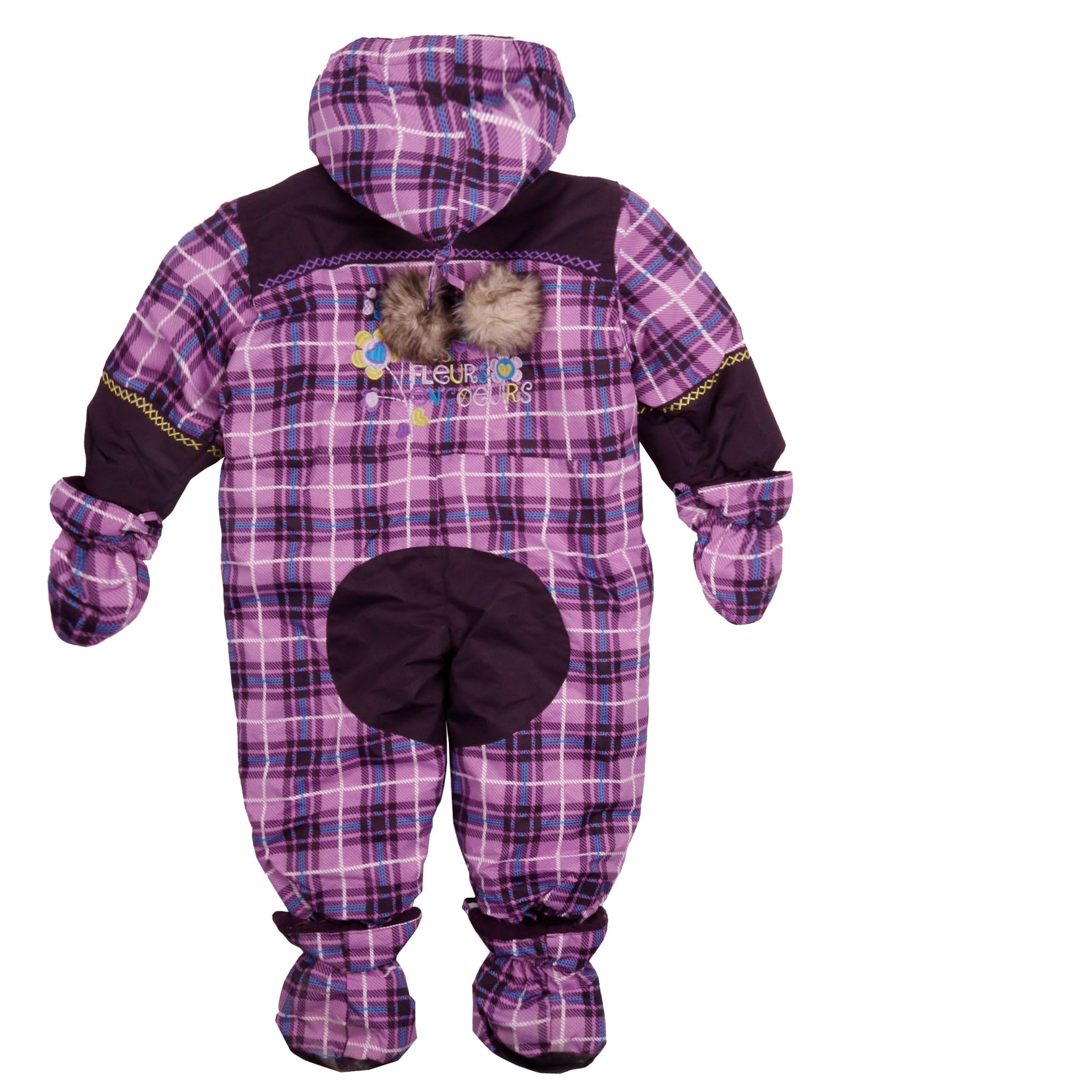 Water-resistant jacket with removable mittens and boots. YKK zipper, plush lining, elastic cuffs and hems, side pockets, and inside label. Polar fleece lining in hood, upper body, mittens, boots, arms, and legs. Includes polar hat and scarf.