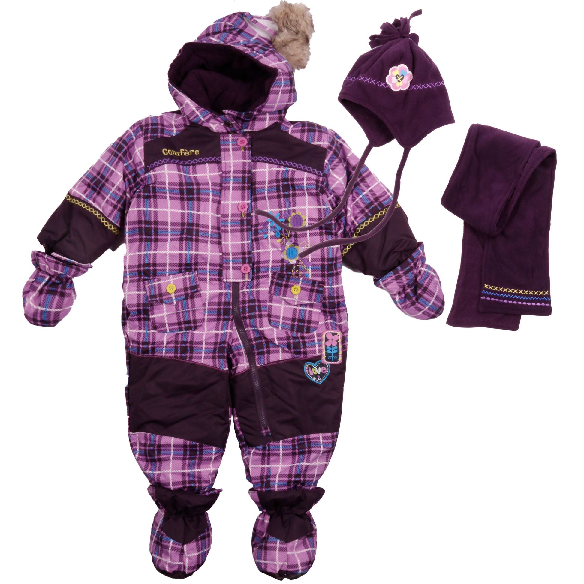 Water-resistant jacket with removable mittens and boots. YKK zipper, plush lining, elastic cuffs and hems, side pockets, and inside label. Polar fleece lining in hood, upper body, mittens, boots, arms, and legs. Includes polar hat and scarf.