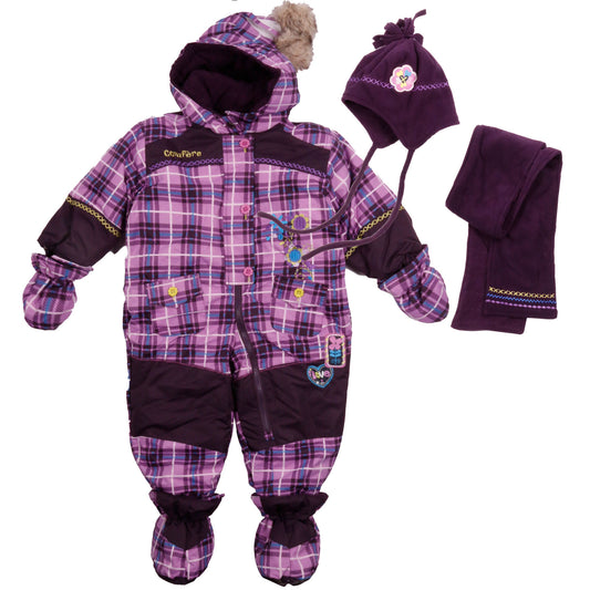 Water-resistant jacket with removable mittens and boots. YKK zipper, plush lining, elastic cuffs and hems, side pockets, and inside label. Polar fleece lining in hood, upper body, mittens, boots, arms, and legs. Includes polar hat and scarf.