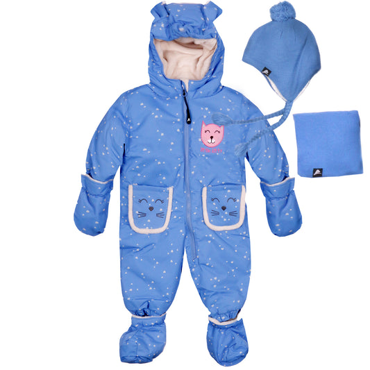 Water-resistant jacket with removable mittens and boots. YKK zipper, plush lining, elastic cuffs and hems, side pockets, and inside label. Plush lining in hood, upper body, mittens, boots; poly satin lining in arms, legs. Includes knit hat and neck warmer.