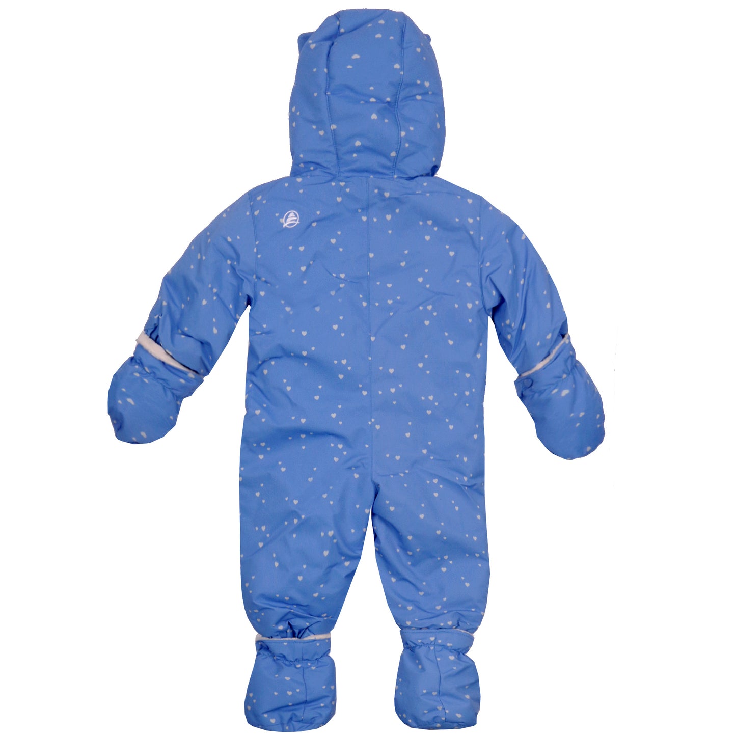 Water-resistant jacket with removable mittens and boots. YKK zipper, plush lining, elastic cuffs and hems, side pockets, and inside label. Plush lining in hood, upper body, mittens, boots; poly satin lining in arms, legs. Includes knit hat and neck warmer.