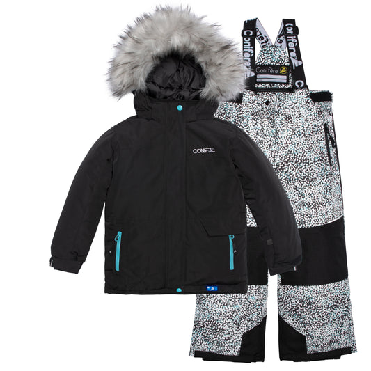 JACKET: Water-resistant outer shell, wind stopper panel, removable hood, chin guard, LED light, anti-pill polar fleece lining, adjustable cuffs with elastic & velcro, YKK zipper, snowskirt, name label, and pockets. PANTS: Adjustable elastic suspender, waist with tabs, reflective piping at knee and back hem, removable back bib