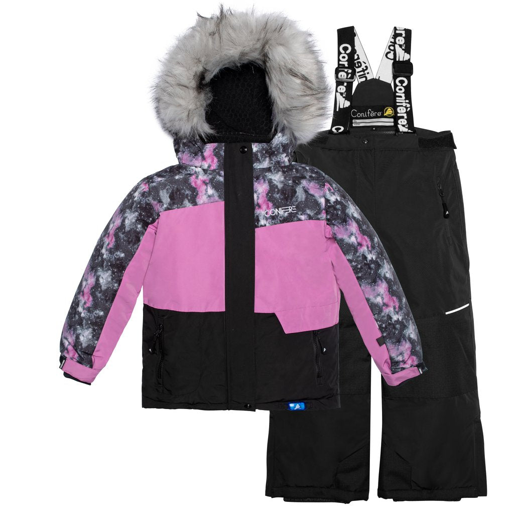 JACKET: Water-resistant outer shell, wind stopper panel, removable hood with fur trim, chin guard, LED light, anti-pill polar fleece lining, adjustable cuffs with elastic & velcro, YKK zipper, snowskirt, inside name label, and pockets. PANTS: Adjustable elastic suspender and waist with tabs, reflective piping at knee and back hem, removable back bib