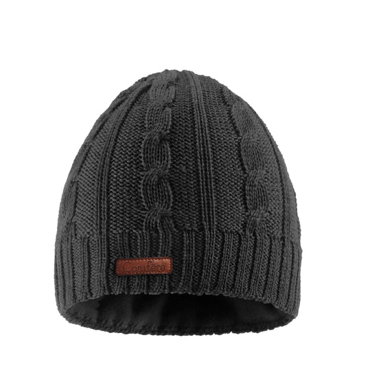 Cable Knit Hat with brushed jersey lining. Shell: 100% Acrylic. Lining: 90% Polyester, 10% Spandex. Style