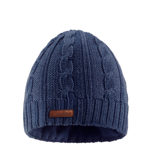 Cable Knit Hat with brushed jersey lining. Shell: 100% Acrylic. Lining: 90% Polyester, 10% Spandex. Style
