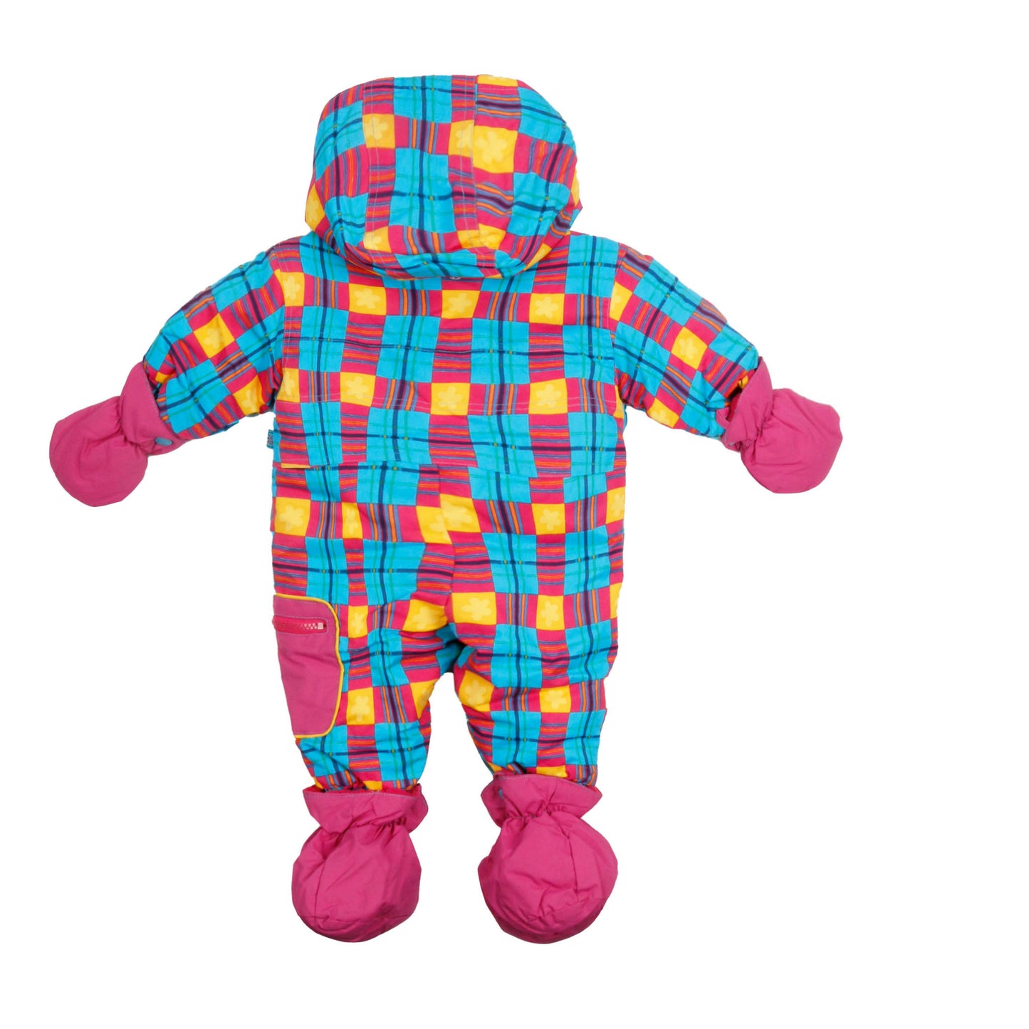 Water-resistant jacket with removable mittens and boots. YKK zipper, plush lining, elastic cuffs and hems, side pockets, and inside label. Polar fleece lining in hood, upper body, mittens, boots, arms, and legs. Includes polar hat and scarf.