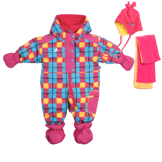 Water-resistant jacket with removable mittens and boots. YKK zipper, plush lining, elastic cuffs and hems, side pockets, and inside label. Polar fleece lining in hood, upper body, mittens, boots, arms, and legs. Includes polar hat and scarf.