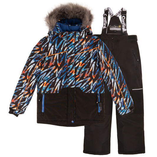 Men's winter jacket with -35 C cold protection, water repellent shell, breathable fabric, LED light, fleece lining, adjustable cuffs, YKK zipper, snowskirt. Includes durable pants with adjustable suspenders, reflective piping, Corduratech reinforcement, adjustable leg hem, side zippers, removable bib