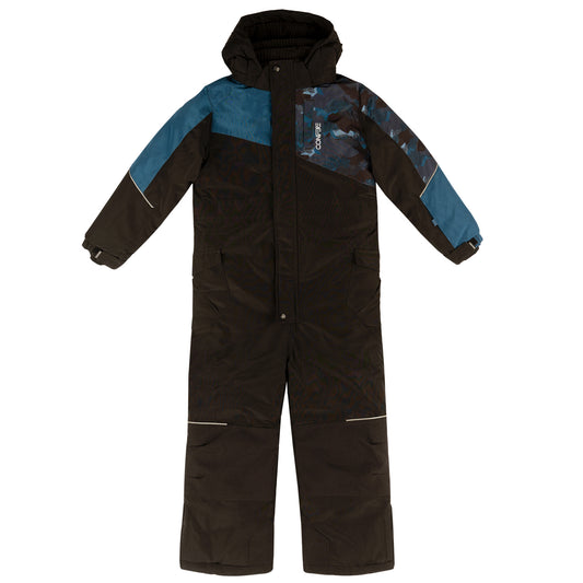 1-piece snowsuit with water-resistant shell, wind stopper panel, removable hood, LED light, fleece lining, adjustable cuffs, YKK zipper, reflective piping, Corduratech reinforcement, adjustable leg hem, side zippers.