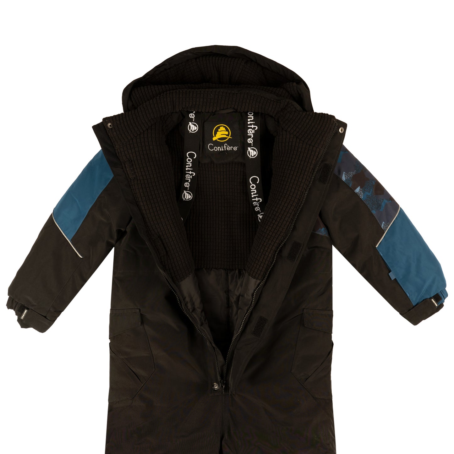 1-piece snowsuit with water-resistant shell, wind stopper panel, removable hood, LED light, fleece lining, adjustable cuffs, YKK zipper, reflective piping, Corduratech reinforcement, adjustable leg hem, side zippers.