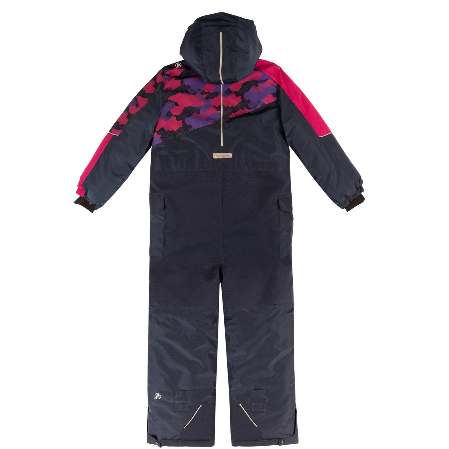 1-piece snowsuit with water-resistant shell, wind stopper panel, removable hood, LED light, fleece lining, adjustable cuffs, YKK zipper, reflective piping, Corduratech reinforcement, adjustable leg hem, side zippers.