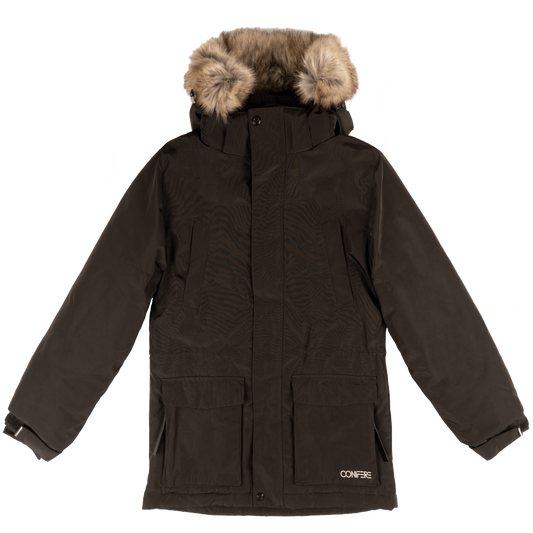 Jacket with Cold Factor protection up to -35°C, water repellent outer shell (5000mm resistance), breathable fabric, wind stopper panel, chin guard, LED light gadget attached to zipper pull, anti-pill polar fleece body lining.