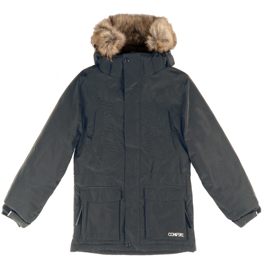 Jacket with Cold Factor protection up to -35°C, water repellent outer shell (5000mm resistance), breathable fabric, wind stopper panel, chin guard, LED light gadget attached to zipper pull, anti-pill polar fleece body lining.