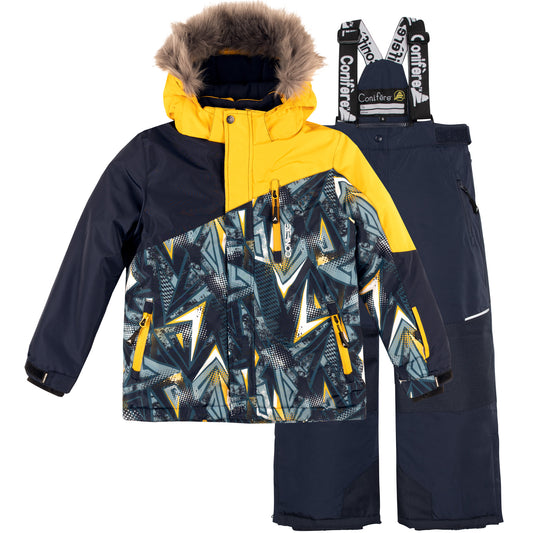 Insulated jacket with cold protection up to -35 C, water repellent shell, breathable fabric, removable hood, LED light, fleece lining, adjustable cuffs, YKK zipper, snowskirt. Pants feature adjustable suspenders, reflective piping, elastic waistband, Corduratech reinforcement, adjustable leg hem, side zippers, and removable bib