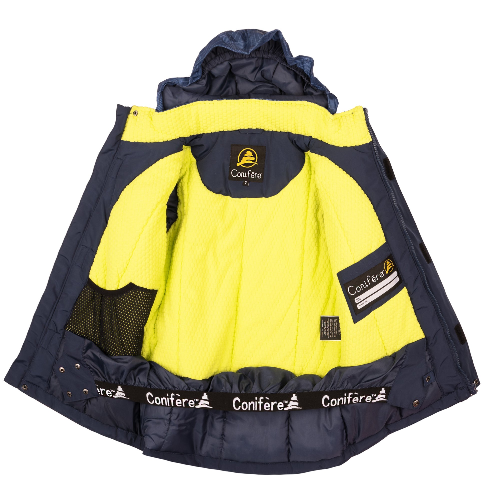 Kids' jacket and pants set with -35°C Cold Factor protection and 5000mm water-resistant outer shell. Features breathable fabric, wind stopper panel, removable hood, LED light gadget on zipper pull, and anti-pill polar fleece lining