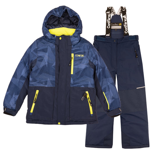 Kids' jacket and pants set with -35°C Cold Factor protection and 5000mm water-resistant outer shell. Features breathable fabric, wind stopper panel, removable hood, LED light gadget on zipper pull, and anti-pill polar fleece lining