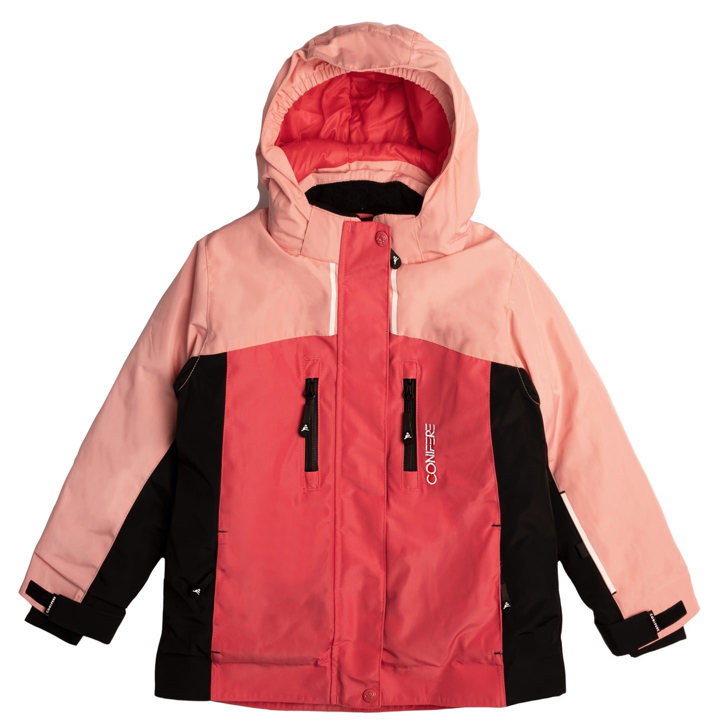 Outdoor jacket and pants set for kids, featuring cold weather protection up to -35 degrees Celsius. Water-repellent, breathable to manage body moisture. Includes wind stopper panel and removable hood.