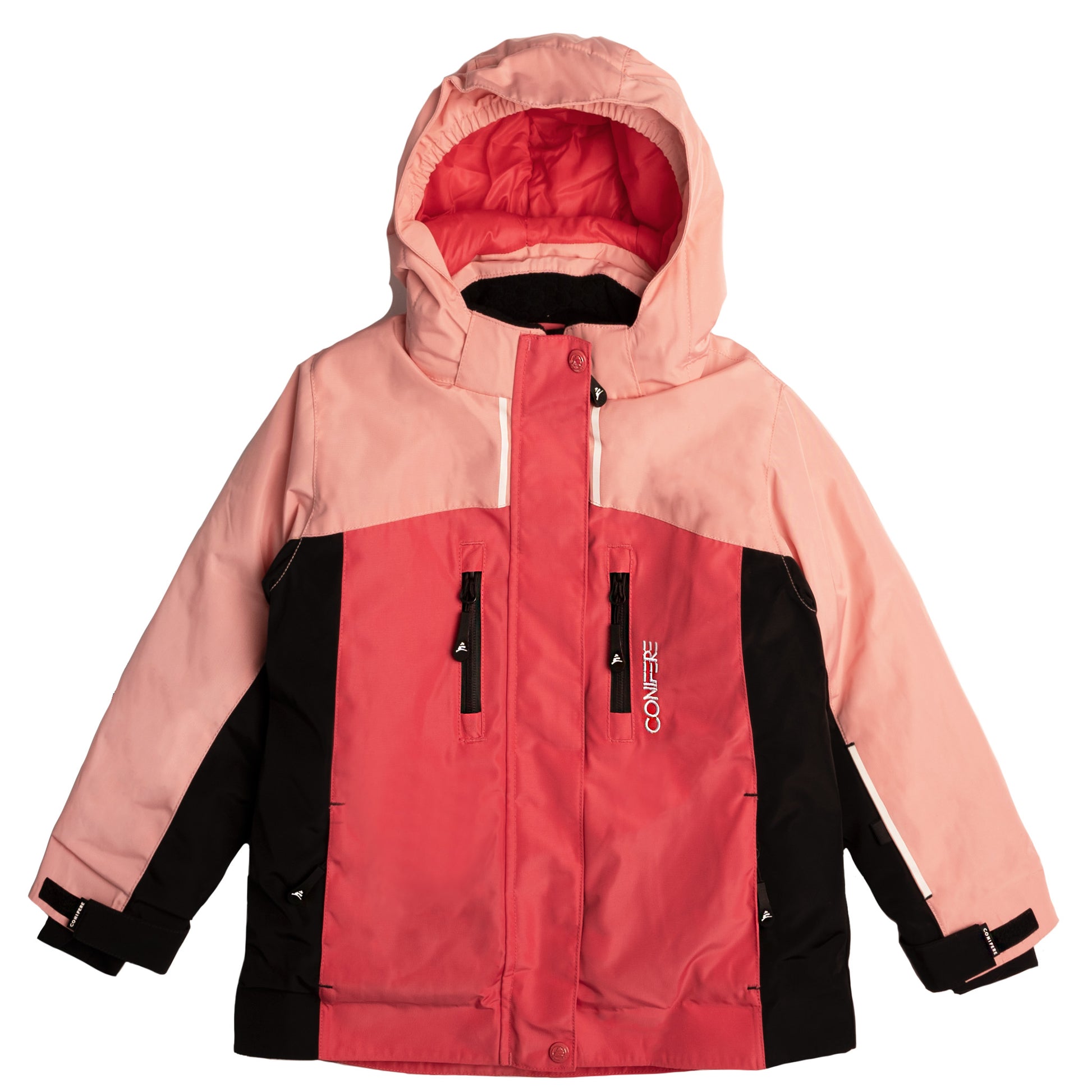 Outdoor jacket and pants set for kids, featuring cold weather protection up to -35 degrees Celsius. Water-repellent, breathable to manage body moisture. Includes wind stopper panel and removable hood.