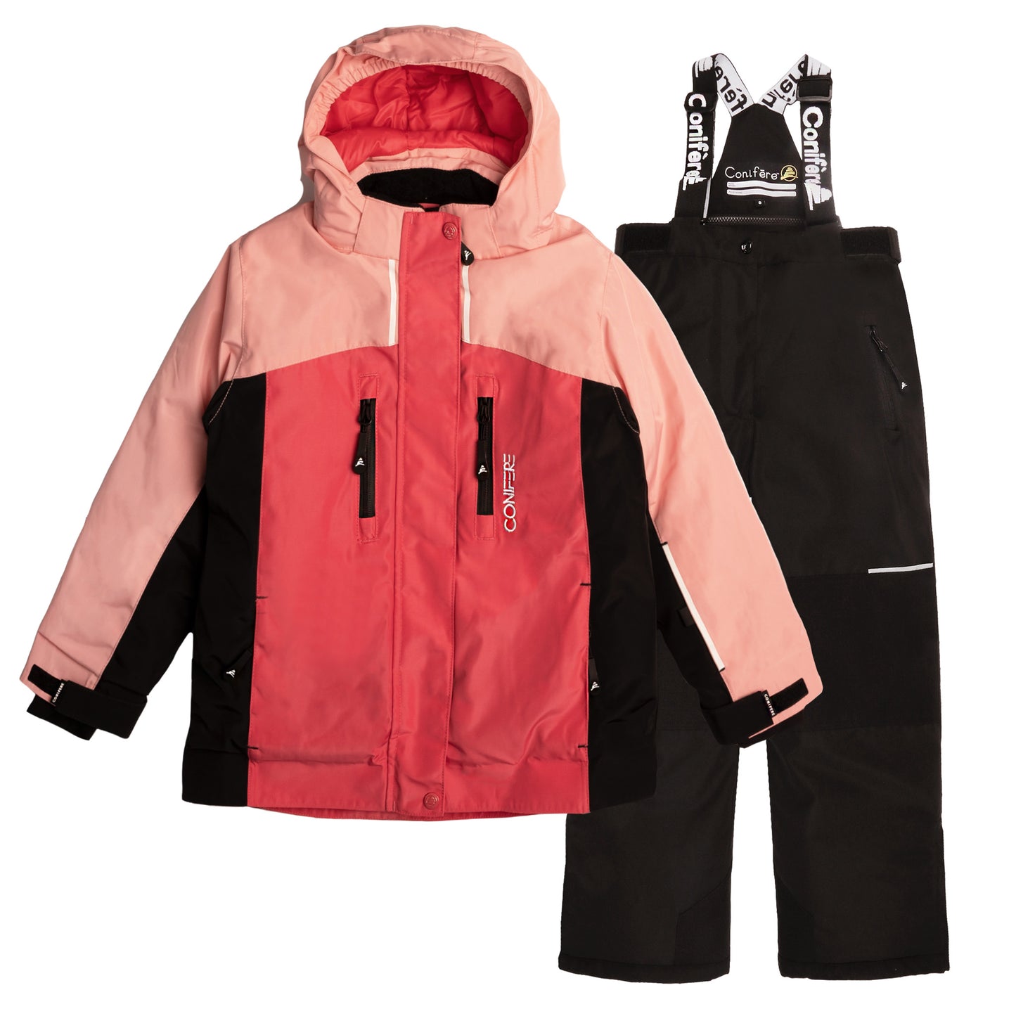 Outdoor jacket and pants set for kids, featuring cold weather protection up to -35 degrees Celsius. Water-repellent, breathable to manage body moisture. Includes wind stopper panel and removable hood.