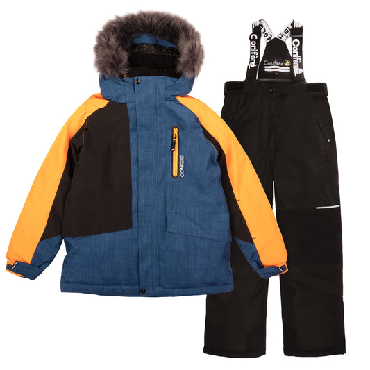 Children's jacket and pants set featuring cold weather protection up to -35°C, water-repellent outer shell with 5000mm resistance and Fleece Lining. Breathable design wicks moisture, includes wind stopper panel, removable hood, and LED light gadget on zipper pull.