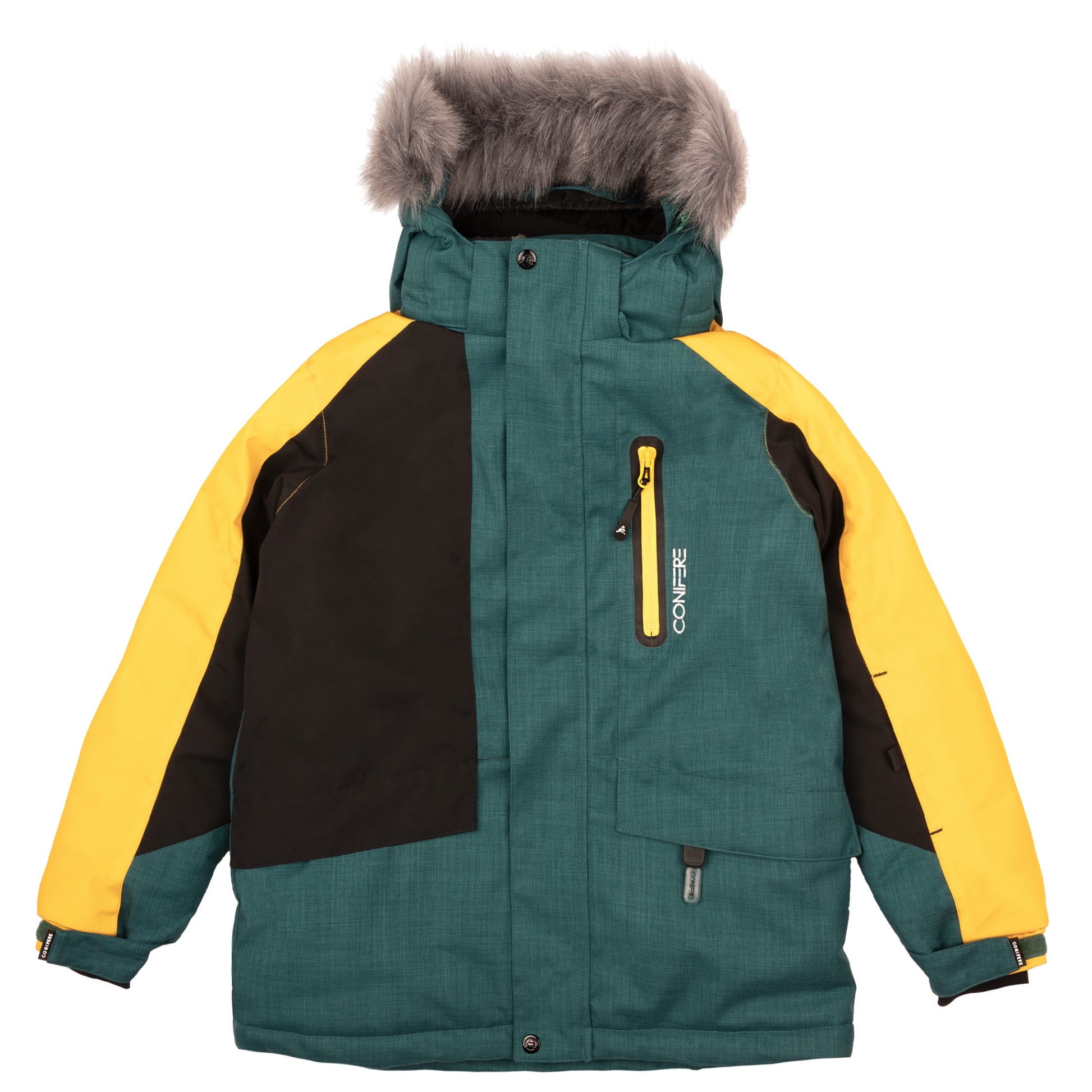 Children's jacket and pants set featuring cold weather protection up to -35°C, water-repellent outer shell with 5000mm resistance and Fleece Lining. Breathable design wicks moisture, includes wind stopper panel, removable hood, and LED light gadget on zipper pull.