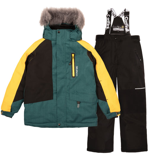 Children's jacket and pants set featuring cold weather protection up to -35°C, water-repellent outer shell with 5000mm resistance and Fleece Lining. Breathable design wicks moisture, includes wind stopper panel, removable hood, and LED light gadget on zipper pull.