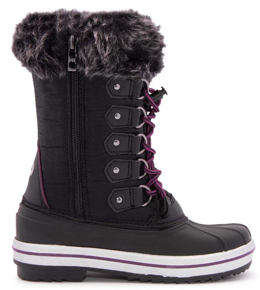 Insulated boots for kids with waterproof rubber lower shell, fleece liner for moisture-wicking and heat retention, adjustable lace closure, easy zipper with inside vent, reflective piping, comfort rated to -35°C