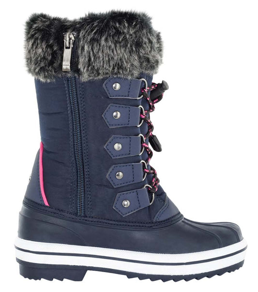 Insulated boots for kids with waterproof rubber lower shell, fleece liner for moisture-wicking and heat retention, adjustable lace closure, easy zipper with inside vent, reflective piping, comfort rated to -35°C