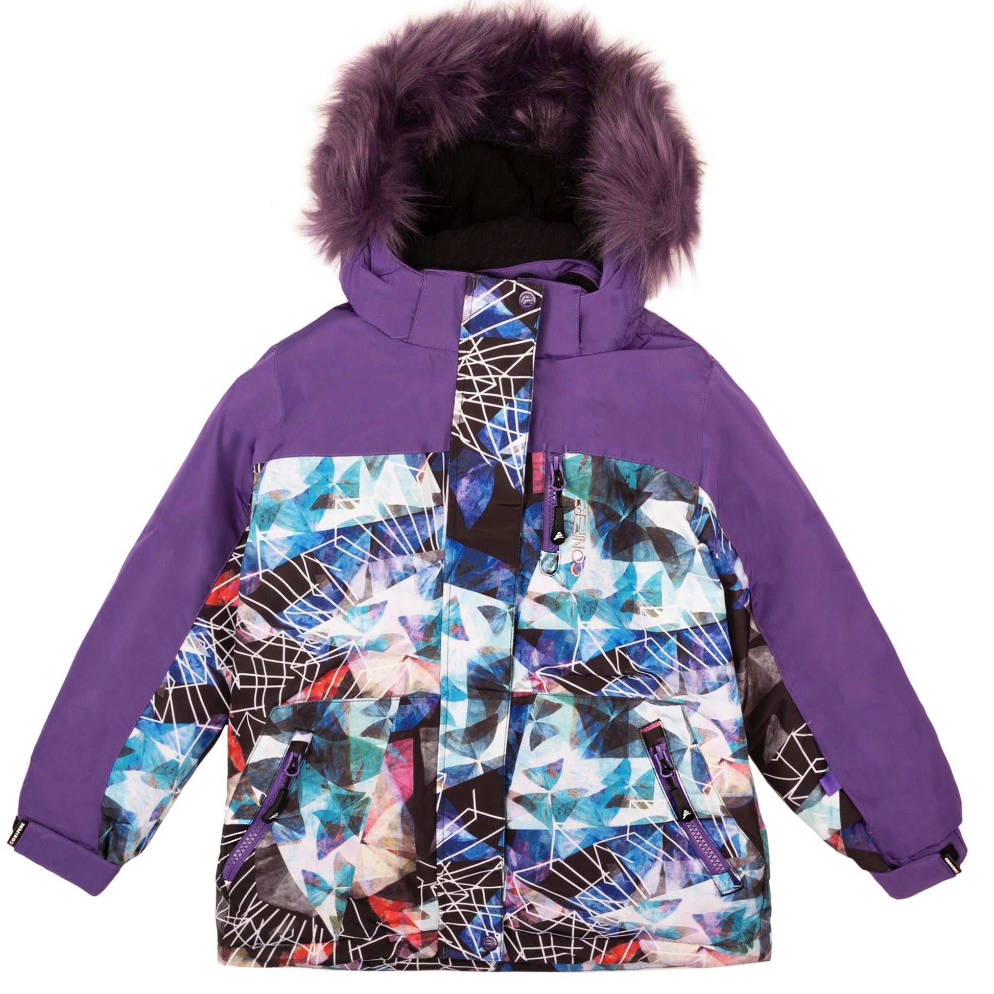 Outdoor jacket and pants set for kids, featuring cold weather protection up to -35 degrees Celsius. Water-repellent, breathable to manage body moisture. Includes wind stopper panel and removable hood.