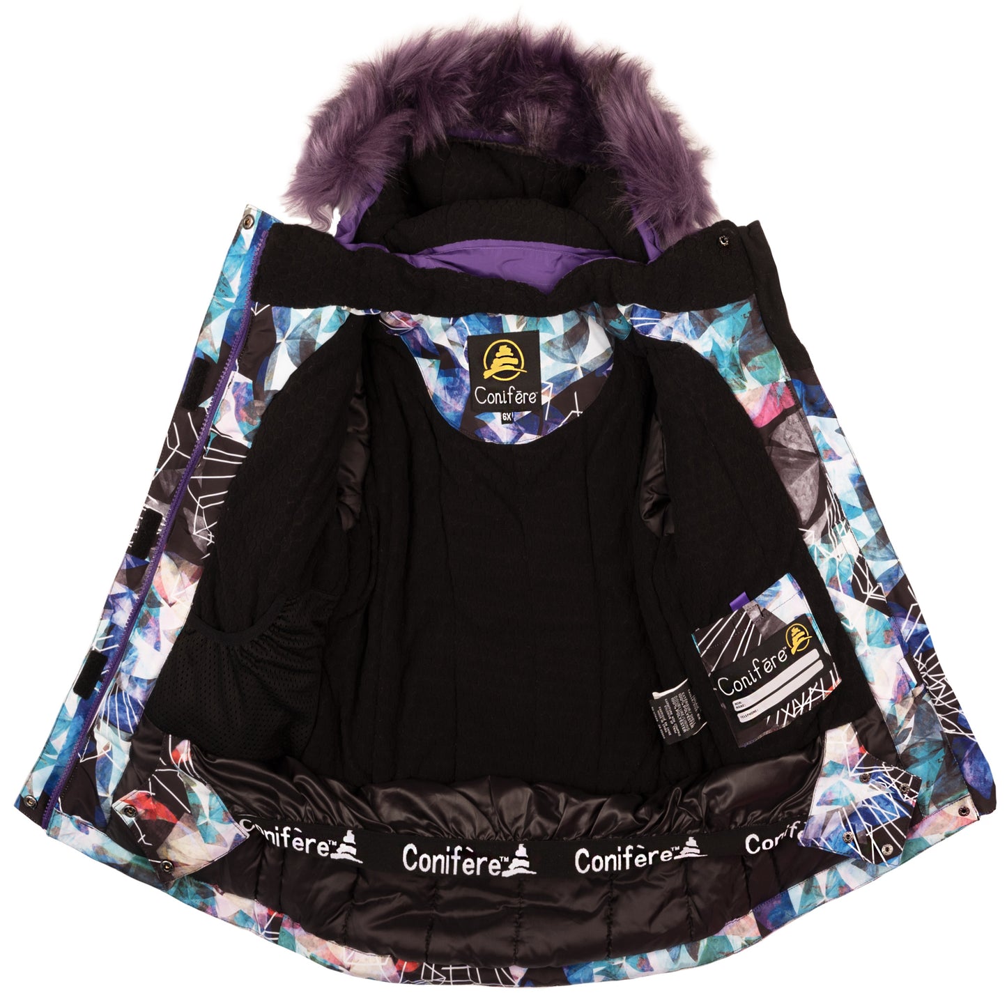 Outdoor jacket and pants set for kids, featuring cold weather protection up to -35 degrees Celsius. Water-repellent, breathable to manage body moisture. Includes wind stopper panel and removable hood.