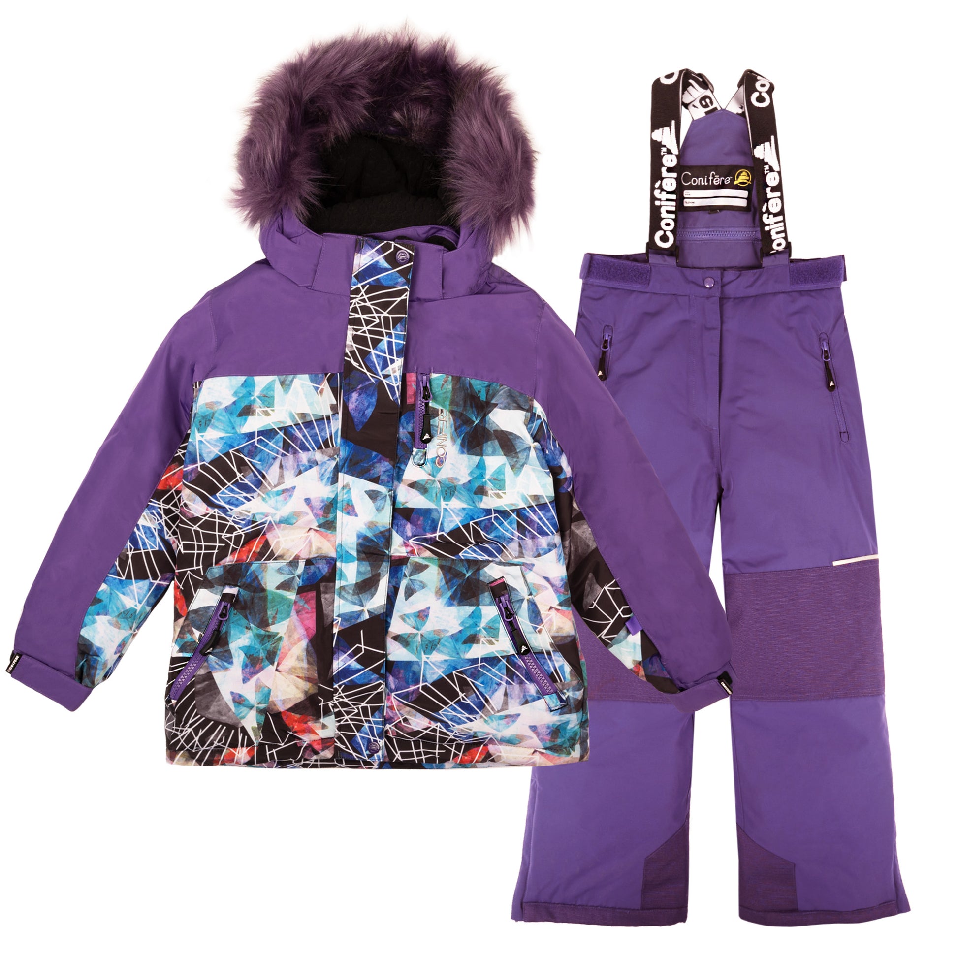 Outdoor jacket and pants set for kids, featuring cold weather protection up to -35 degrees Celsius. Water-repellent, breathable to manage body moisture. Includes wind stopper panel and removable hood.