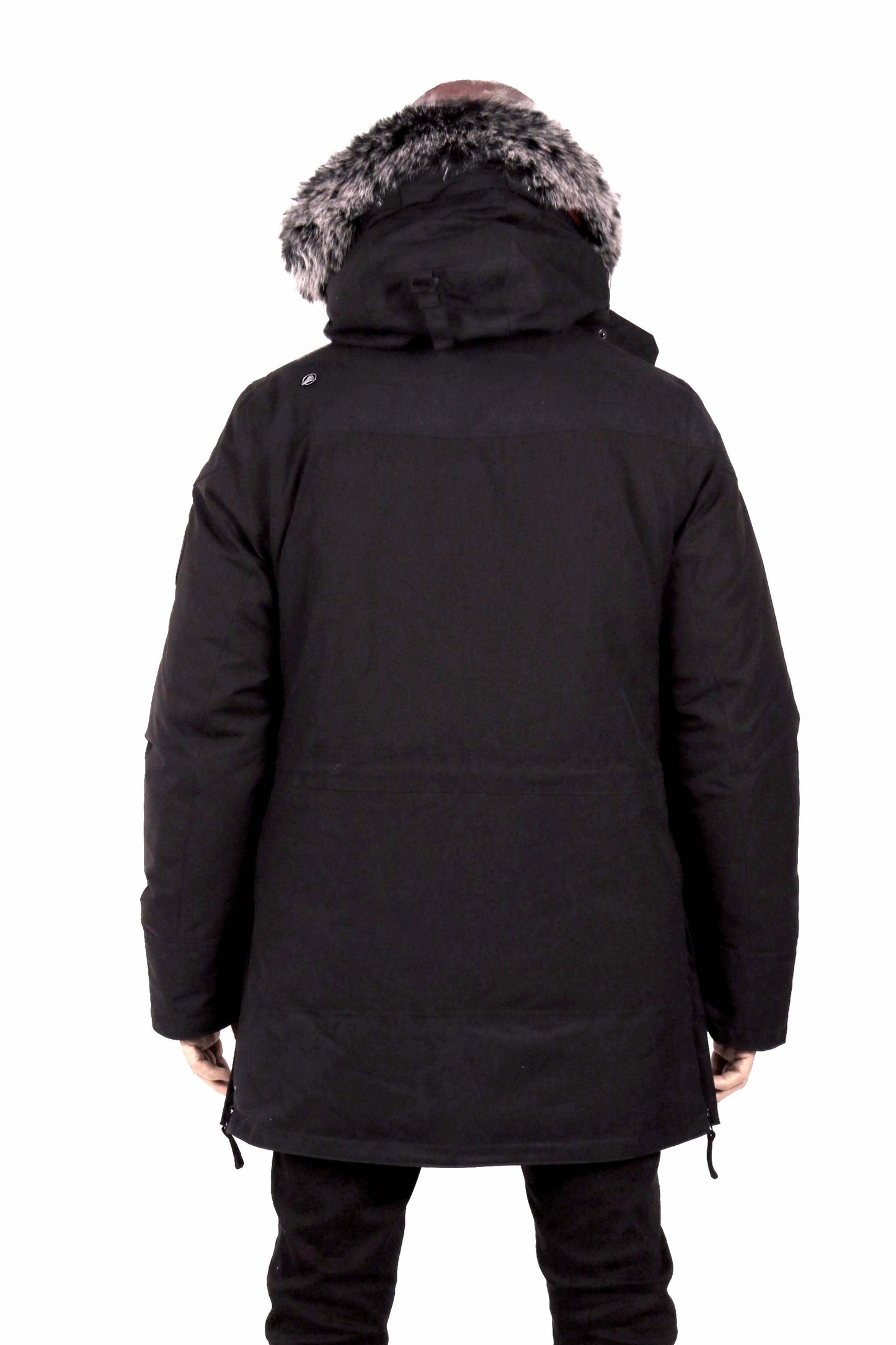 Durable men's parka designed for peak winter performance. Water resistant shell, wind stopper panel, detachable faux fur hood, quilted fleece lining, adjustable cuffs, YKK zipper, functional pockets.