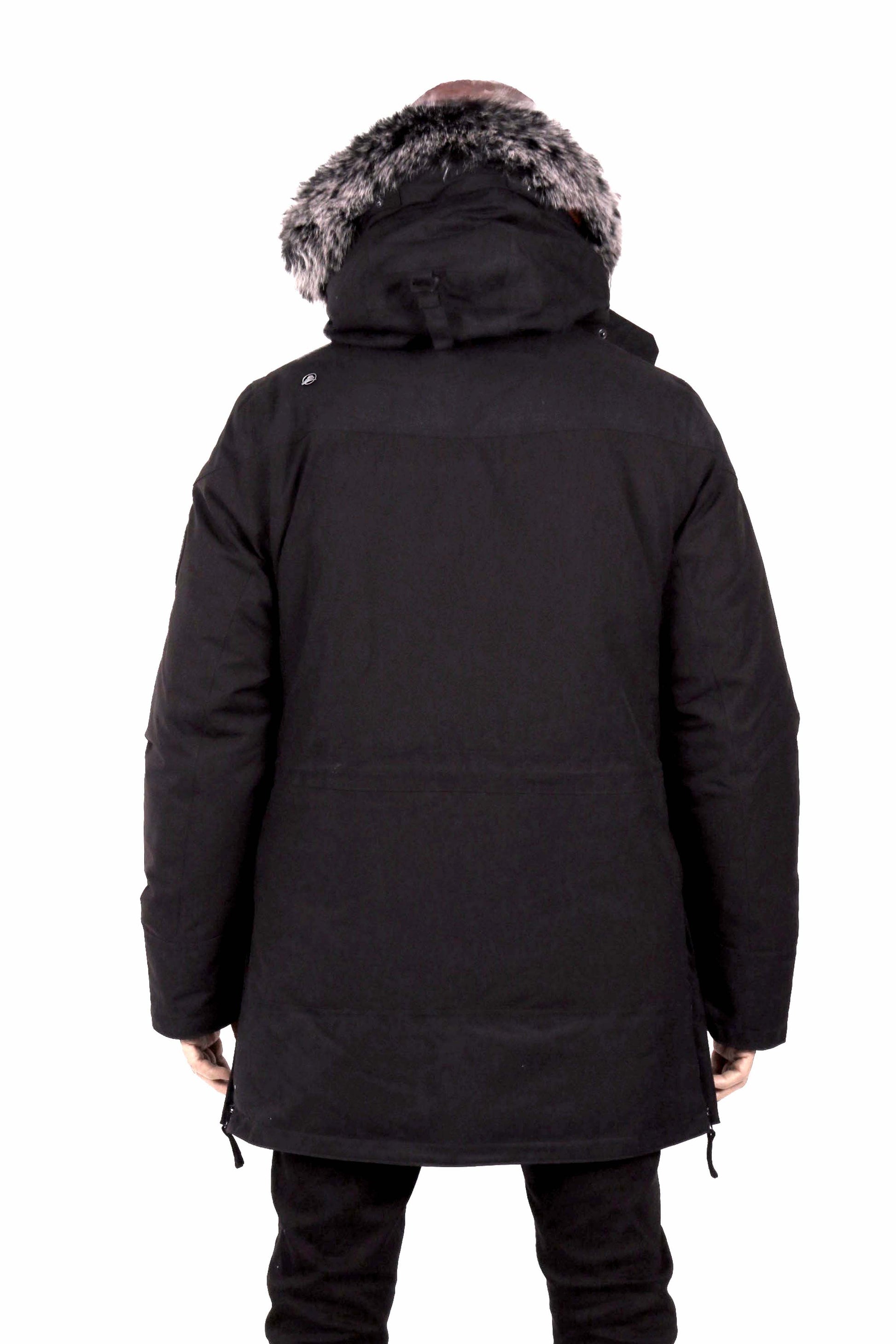 Durable men's parka designed for peak winter performance. Water resistant shell, wind stopper panel, detachable faux fur hood, quilted fleece lining, adjustable cuffs, YKK zipper, functional pockets.