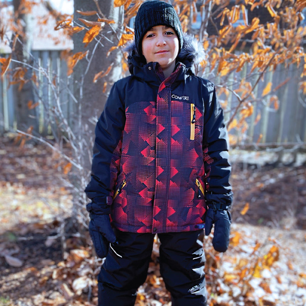 Insulated jacket and pants set with cold protection up to -35 C. Features water repellent shell, breathable fabric, removable hood, LED light, fleece lining, adjustable cuffs, YKK zipper, snowskirt, and reinforced knees.