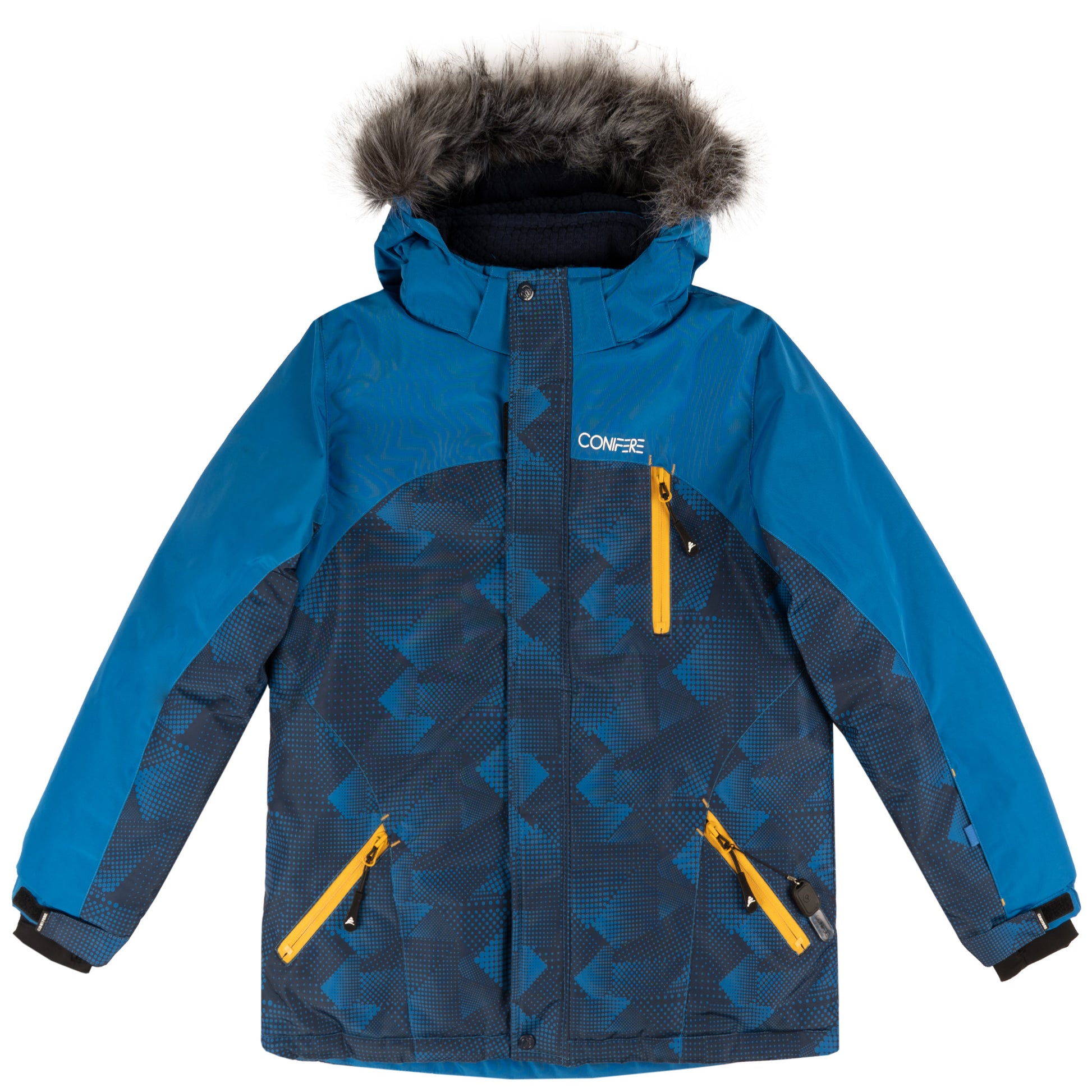 Insulated jacket and pants set with cold protection up to -35 C. Features water repellent shell, breathable fabric, removable hood, LED light, fleece lining, adjustable cuffs, YKK zipper, snowskirt, and reinforced knees.