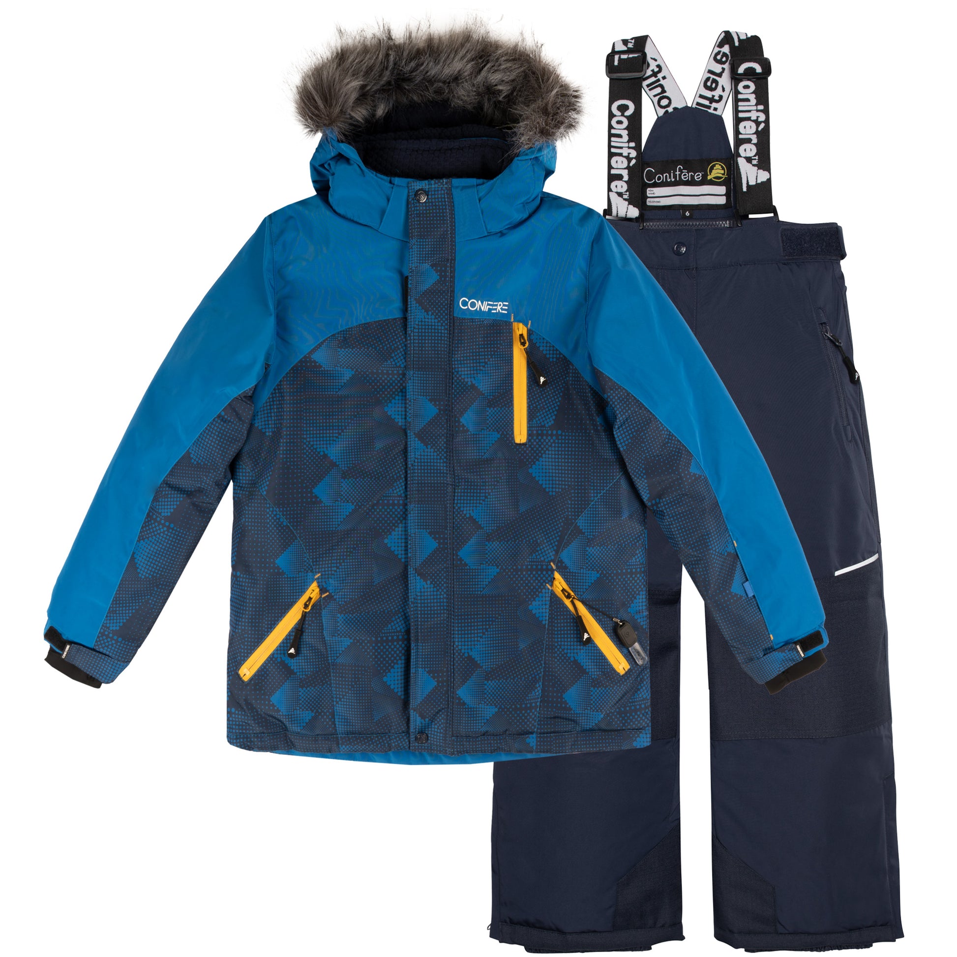 Insulated jacket and pants set with cold protection up to -35 C. Features water repellent shell, breathable fabric, removable hood, LED light, fleece lining, adjustable cuffs, YKK zipper, snowskirt, and reinforced knees.