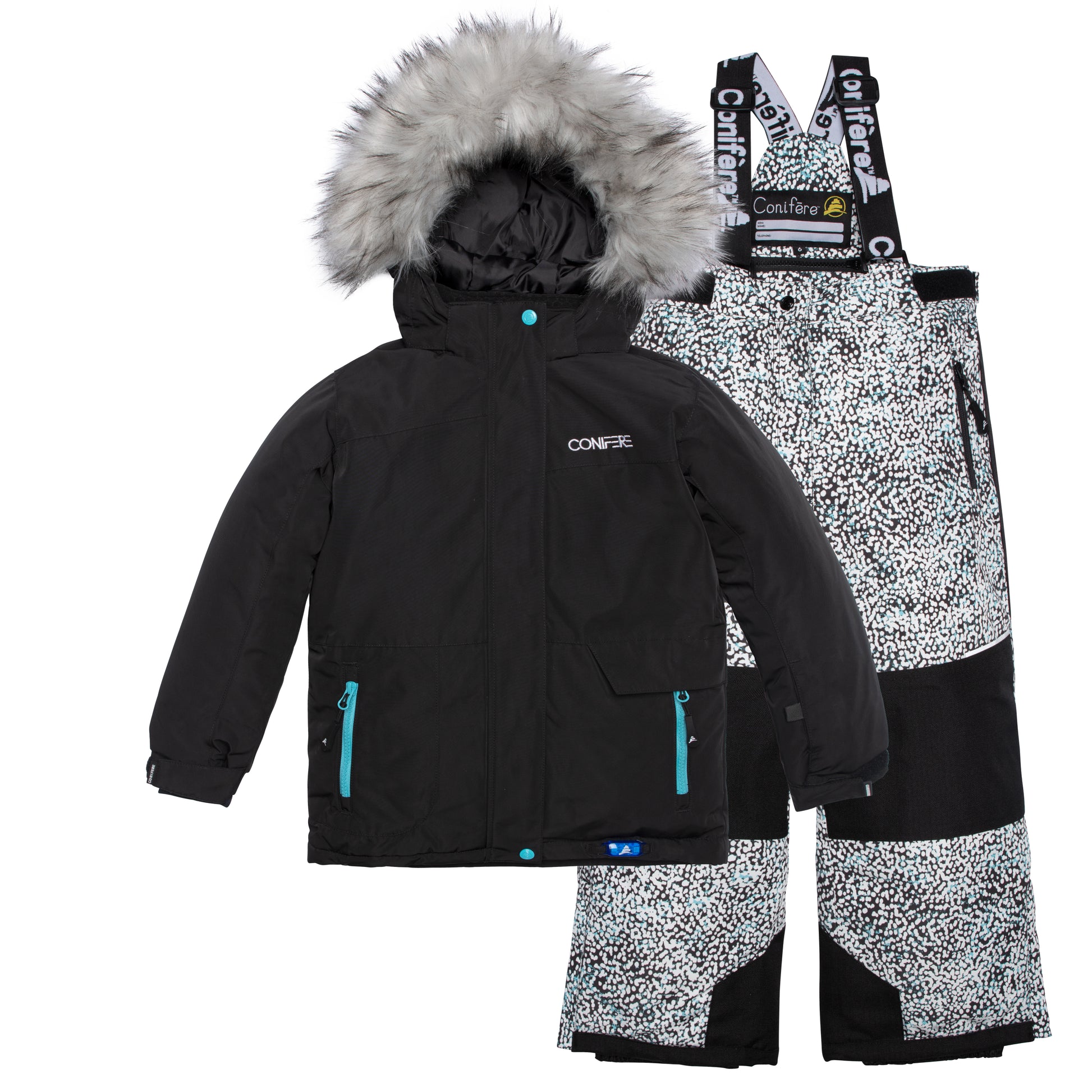 JACKET: Water-resistant outer shell, wind stopper panel, removable hood, chin guard, LED light, anti-pill polar fleece lining, adjustable cuffs with elastic & velcro, YKK zipper, snowskirt, name label, and pockets. PANTS: Adjustable elastic suspender, waist with tabs, reflective piping at knee and back hem, removable back bib