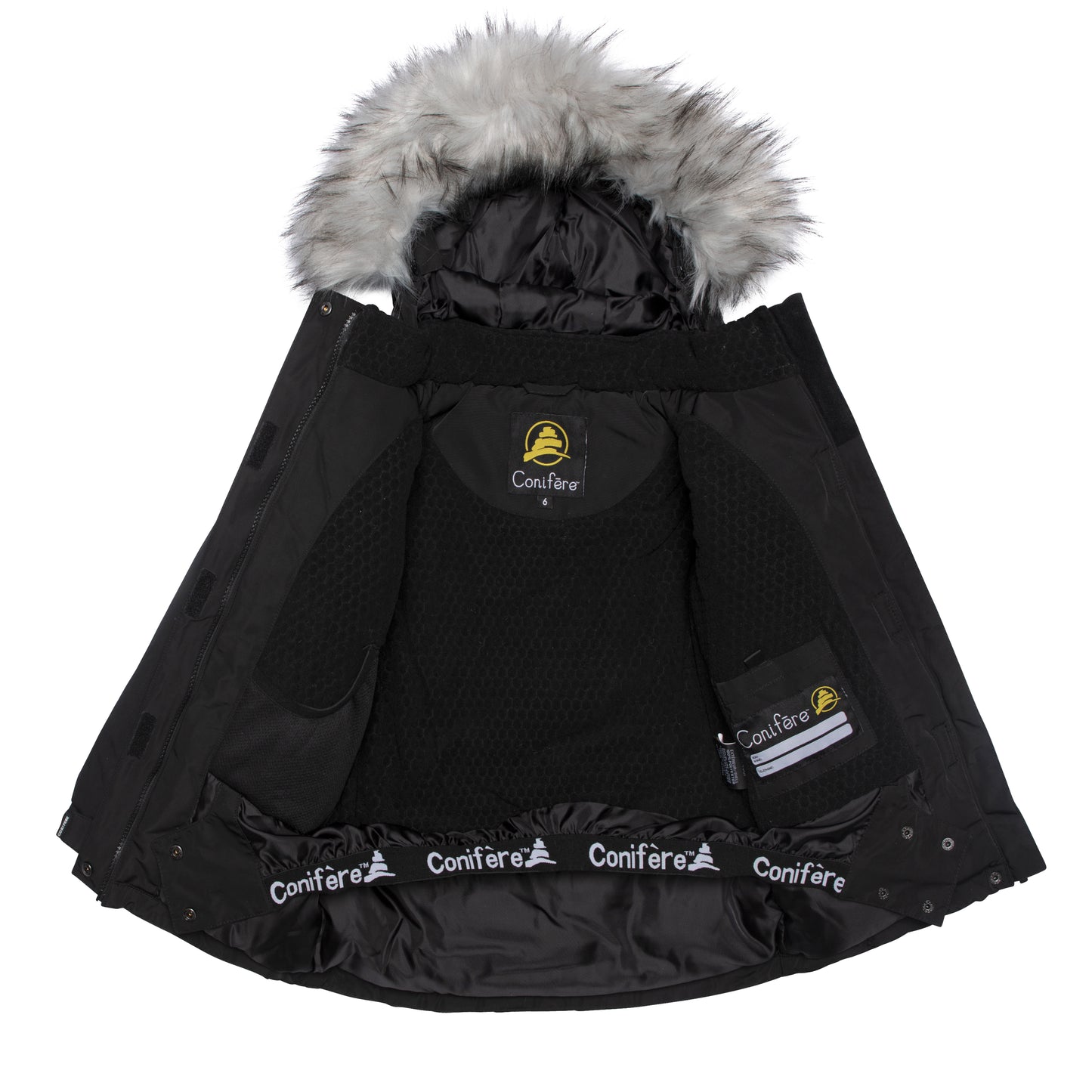 JACKET: Water-resistant outer shell, wind stopper panel, removable hood, chin guard, LED light, anti-pill polar fleece lining, adjustable cuffs with elastic & velcro, YKK zipper, snowskirt, name label, and pockets. PANTS: Adjustable elastic suspender, waist with tabs, reflective piping at knee and back hem, removable back bib