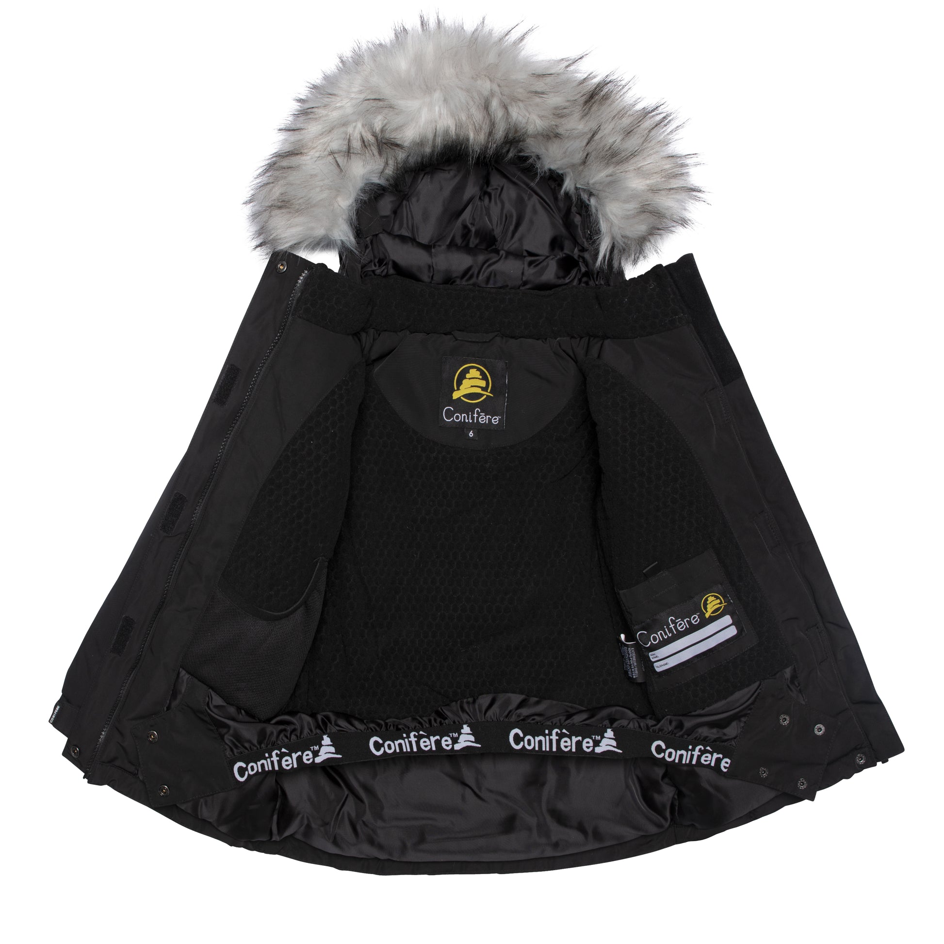 JACKET: Water-resistant outer shell, wind stopper panel, removable hood, chin guard, LED light, anti-pill polar fleece lining, adjustable cuffs with elastic & velcro, YKK zipper, snowskirt, name label, and pockets. PANTS: Adjustable elastic suspender, waist with tabs, reflective piping at knee and back hem, removable back bib