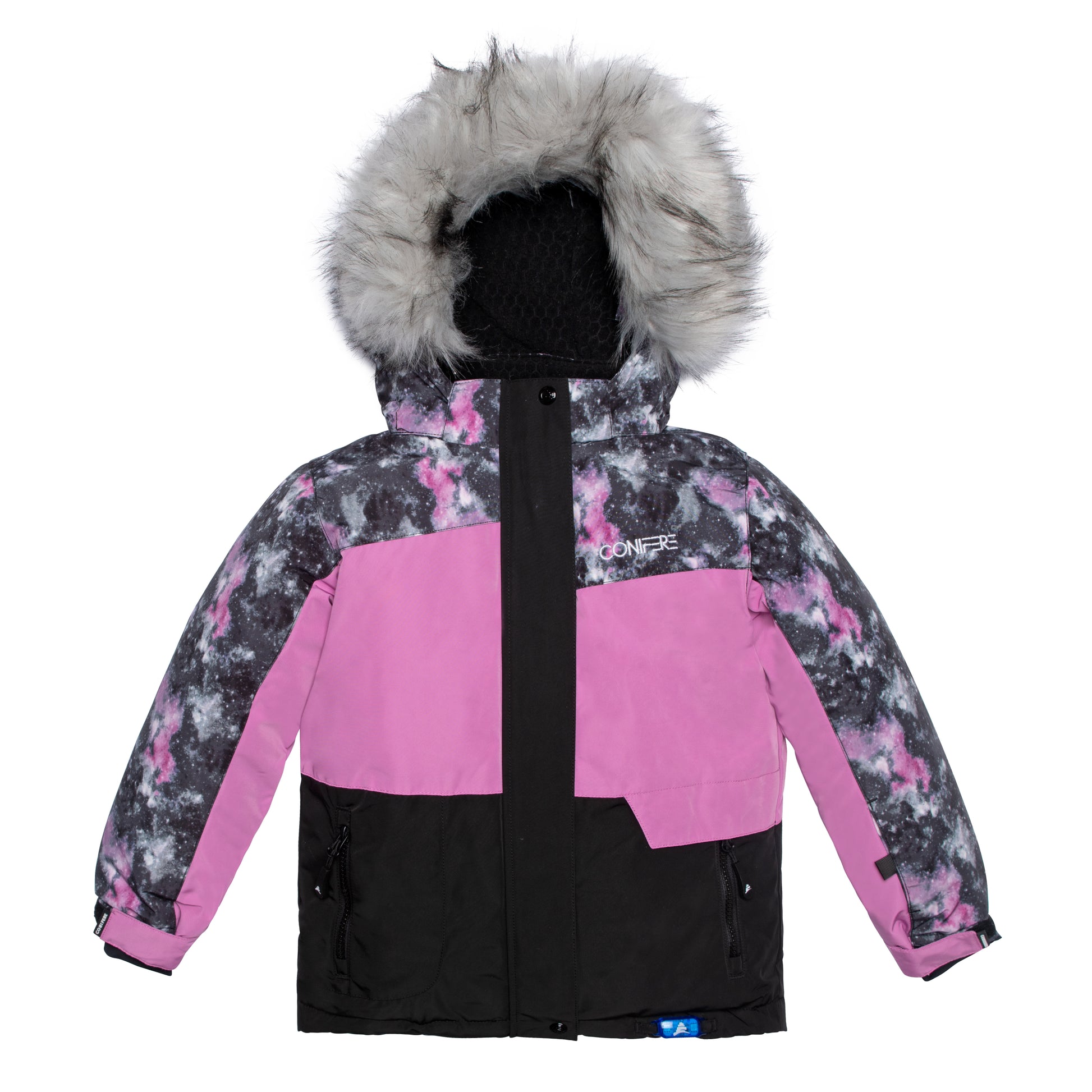 JACKET: Water-resistant outer shell, wind stopper panel, removable hood with fur trim, chin guard, LED light, anti-pill polar fleece lining, adjustable cuffs with elastic & velcro, YKK zipper, snowskirt, inside name label, and pockets. PANTS: Adjustable elastic suspender and waist with tabs, reflective piping at knee and back hem, removable back bib