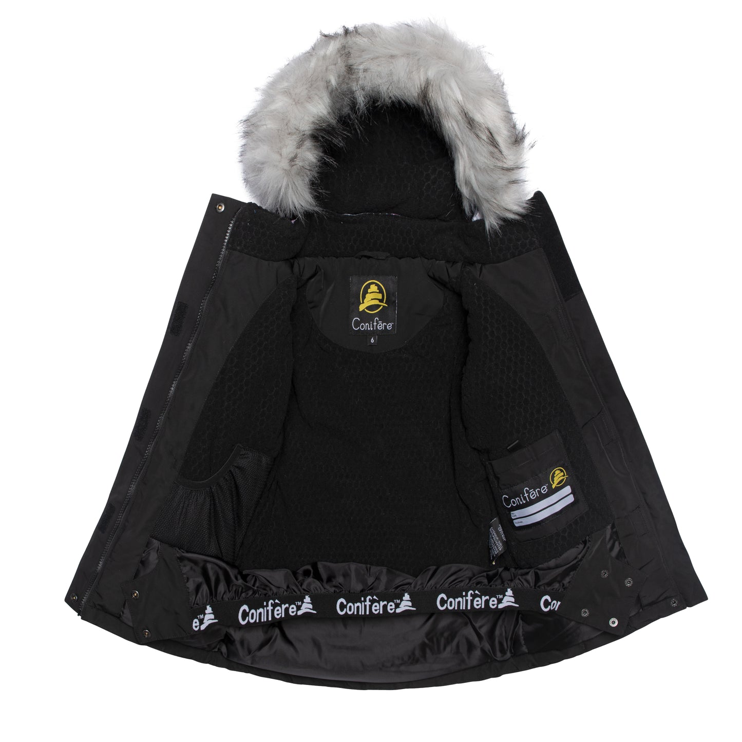JACKET: Water-resistant outer shell, wind stopper panel, removable hood with fur trim, chin guard, LED light, anti-pill polar fleece lining, adjustable cuffs with elastic & velcro, YKK zipper, snowskirt, inside name label, and pockets. PANTS: Adjustable elastic suspender and waist with tabs, reflective piping at knee and back hem, removable back bib