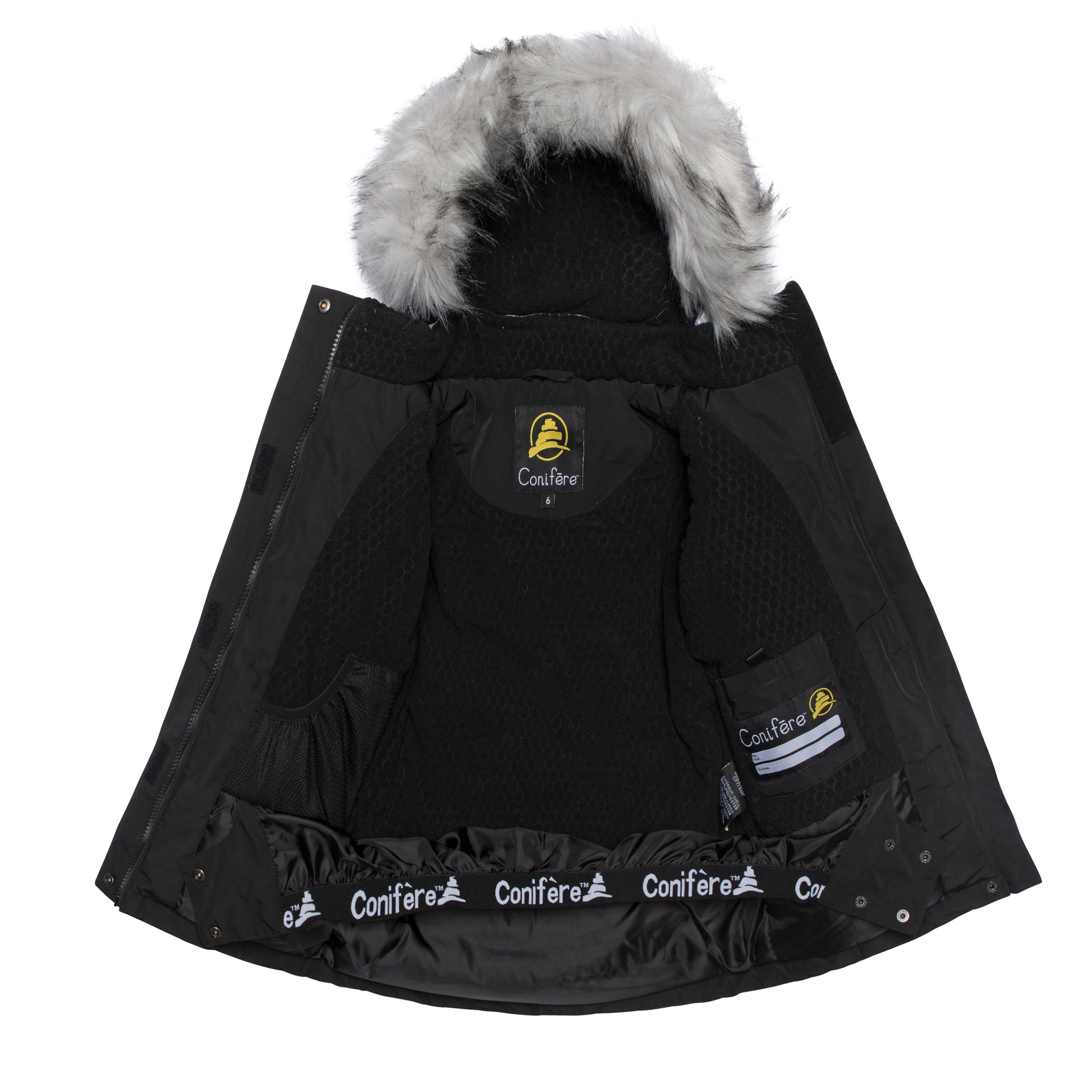 JACKET: Water-resistant outer shell, wind stopper panel, removable hood with fur trim, chin guard, LED light, anti-pill polar fleece lining, adjustable cuffs with elastic & velcro, YKK zipper, snowskirt, inside name label, and pockets. PANTS: Adjustable elastic suspender and waist with tabs, reflective piping at knee and back hem, removable back bib